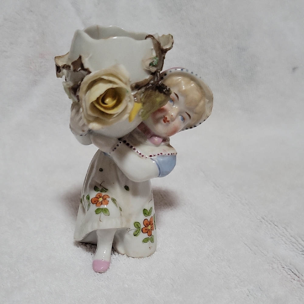 Vintage Charming Ceramic Girl with Floral Vase